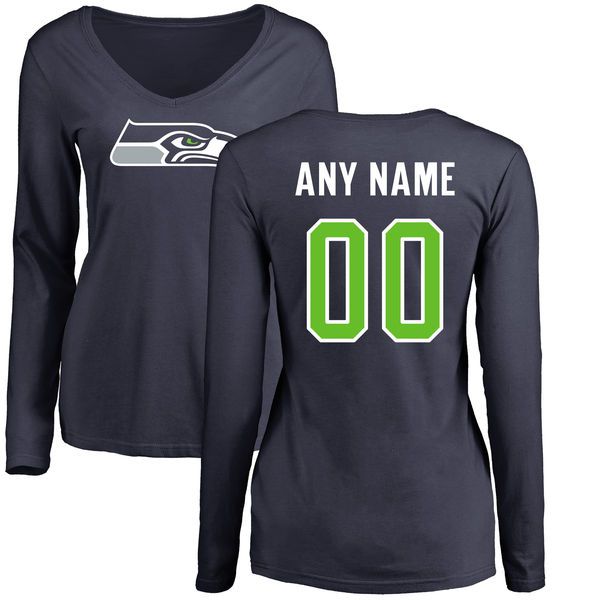 Women Seattle Seahawks Navy Any Name and Number Logo Slim Fit Long Sleeve Custom NFL T-Shirt->->Sports Accessory